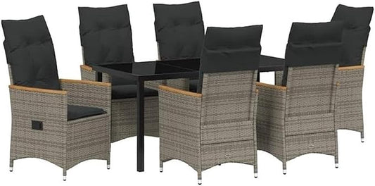 Afuera Living 7 Piece Poly Rattan Patio Dining Set, Gray Finish, Steel Frame with Powder-Coated Coating, Tempered Glass Table, Removable Cushioned Seats, Modern Outdoor Furniture for Garden or Patio