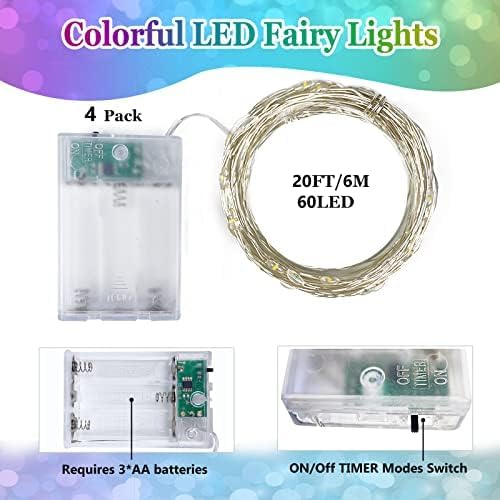 4 Pack 60 LED Fairy Lights Battery Operated with Timer, 20 FT Multicolor | Cuttable Copper Wire, Waterproof Battery String Lights for Indoor Outdoor, Wedding, Bedroom, Home, DIY, Christmas Decorations