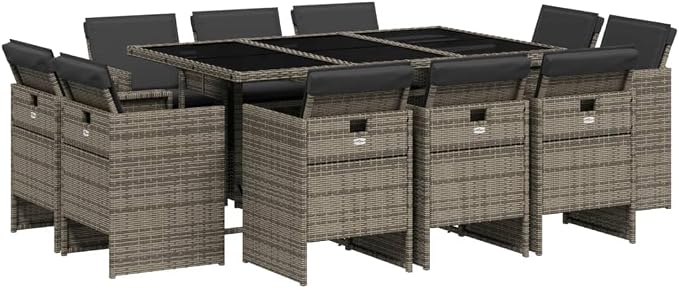 11-Piece Patio Dining Set with Cushions Gray PE Rattan Outdoor Furniture Set for Backyard Garden Balcony, Tempered Glass Table & Foldable Chairs