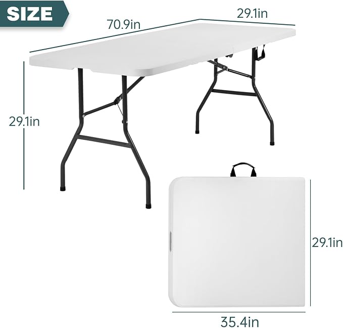 FDW 6 Foot Outdoor Dining Table, Foldable Portable Rectangular Plastic Folding Table with Built in Carrying Handle for Party and Wedding Use, White