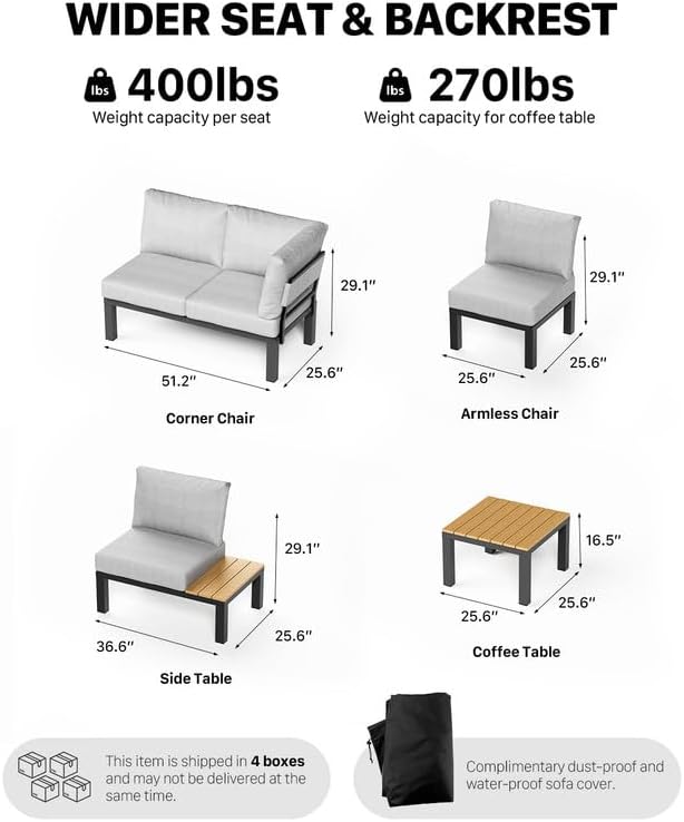 ZANDOR Aluminum Outdoor Patio Furniture Set, 5 Pieces Movable Backrest Modular Sectional Sofa Set, Metal Conversation Set with 4-inch Thick Cushion for Garden Backyard Porch, Grey