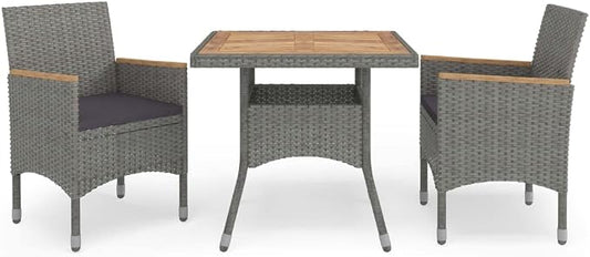Modern Grey and Brown Outdoor Dining Set 3-Piece with Cushions, Weatherproof Poly Rattan and Acacia Wood for Patio Balcony Terrace, Durable Comfortable Seating Furniture