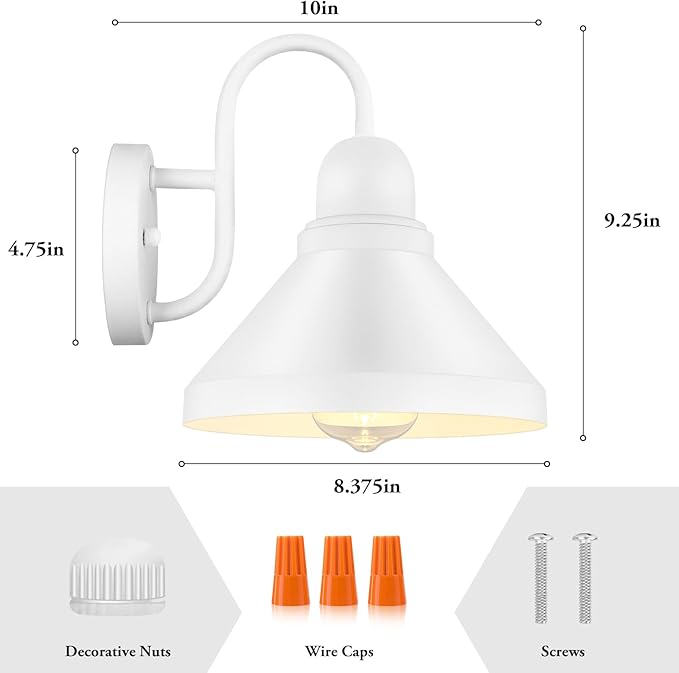 Gooseneck Outdoor Wall Lanterns, Pack of 2 Exterior Light Fixtures, Anti-Rust Outside Barn Wall Mount Sconces, Waterproof White Patio Wall Lamps for House, Front Door, Bulb Excluded