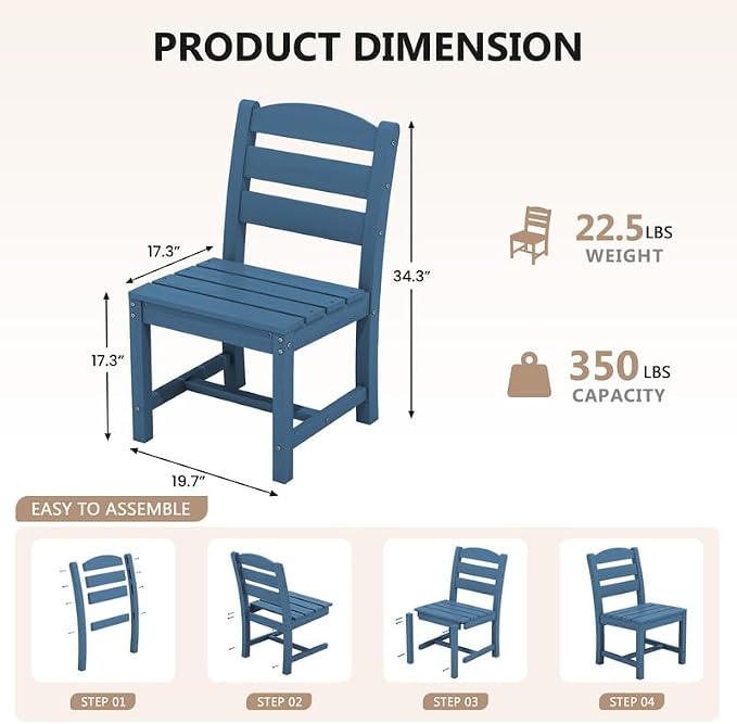 KINGYES 8-Piece HDPE Outdoor Dining Set for 6, Square Patio Table & Armless Chairs with Umbrella Hole, All-Weather Patio Dining Set for Backyard, Garden, Lawn & Poolside, Blue