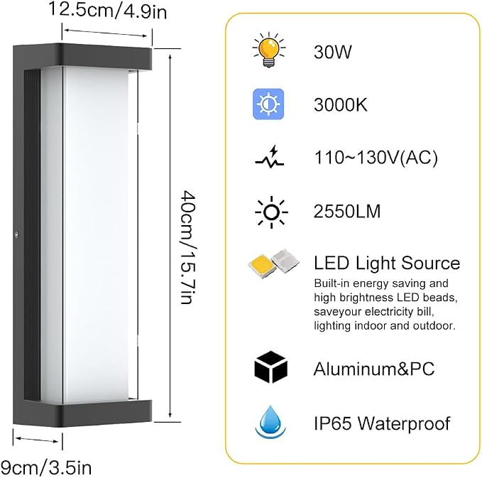 10%-100% Dimming LED Modern Outdoor Wall Light, 16in 3000K Dimmable Porch & Patio Wall Light Fixture,Black Aluminum&Dual PC Wall Lights Suitable for Garage Living Room Courtyard House(3000K)