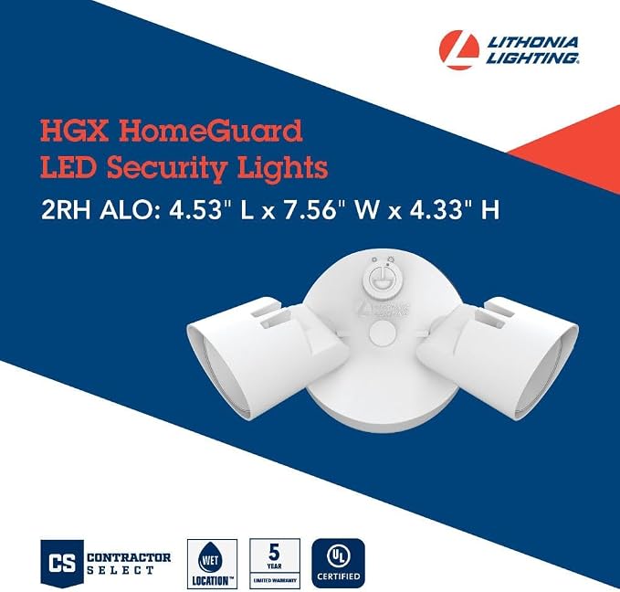 Lithonia Lighting HomeGuard 2-Light LED Outdoor Flood Lights, Dusk to Dawn | White Outdoor LED Lights, Adjustable Lumens, 4000K Cool White, Round Heads (HGX LED 2RH ALO 40K 120 PE WH M2)