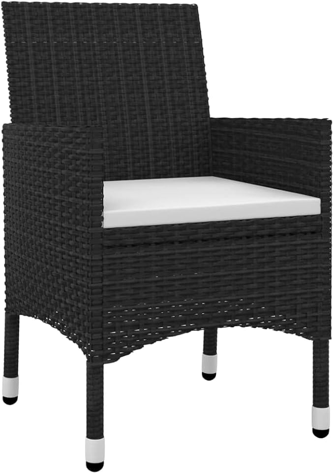 3 Piece Patio Dining Set with Cushions Poly Rattan and Glass Outdoor Table and Chairs for Garden Backyard Relaxing, Weatherproof Steel Frame Furniture Set with Cream White Seat Cushions Black