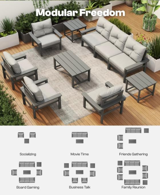 HDPE Outdoor Patio Furniture Set, 7-Piece Patio Conversation Sets with Coffee Table & Side Table & Grey Washable Thick Cushions, Outdoor Sofa for Balcony, Poolside, Porch(Grey Frame)