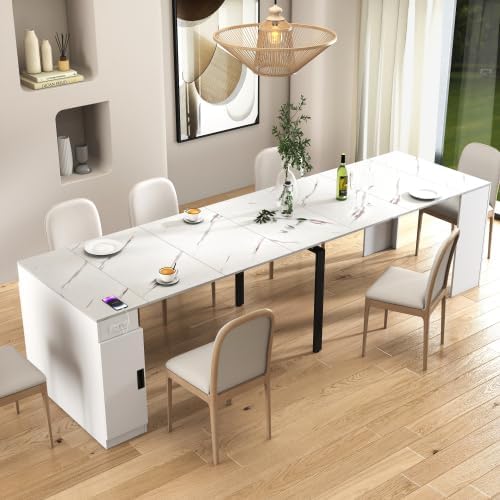 23.62”-118.11” Extendable Dining Room Table, 1-10 People Wood Long Foldable Tables with Storage Cabinet & Outlet, Space Saving Expanding Table with for Kitchen, Living Room, Party, White
