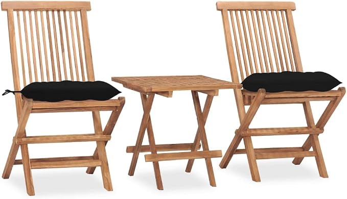 3 Piece Folding Outdoor Patio Dining Set with Cushion, Solid Teak Wood Table and 2 Chairs for Garden, Deck, Porch - Space Saving, Weather Resistant, No Assembly Required Furniture