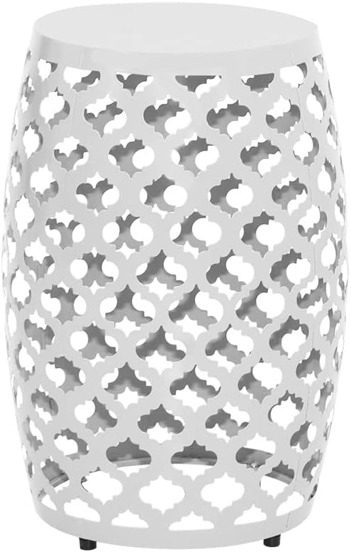 ABBLE Round Patio Outdoor Indoor Lace Cut Steel Side Table, Patio Garden Table, Coffee End Table Nightstand for Small Spaces,Living Room,Front Porch,Poolside, White