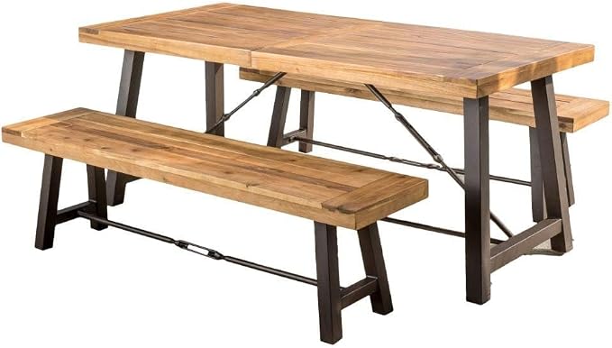 70'' Outdoor Patio Dining Table & 2 Bench for 4, Acacia Wood Farmhouse Dining Table Set Outdoor & Indoor Furniture for Patio Porch Garden, H-Shaped Metal Base, 3-Pcs, Teak