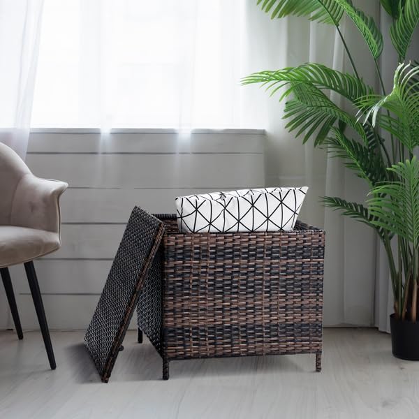 Outdoor PE Wicker Side Table with Storage, Patio Rattan End Table Square Container for Furniture Covers (Brown)