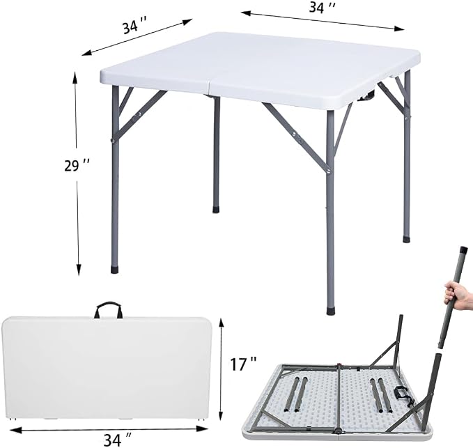 Lakhow 34" Square Folding Table, Fold-in-Half Utility Dining Portable Table Heavy Duty HDPE Plastic Foldable with Carrying Handle Indoor Outdoor for Picnic, Party