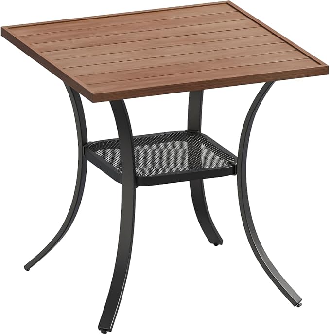 DIFY 27.6" Small Square Outdoor Dining Table for 2, Slatted Metal Patio Table with Storage Shelf, All-Weather Patio Dining Table for Garden Backyard Deck, Walnut Tabletop