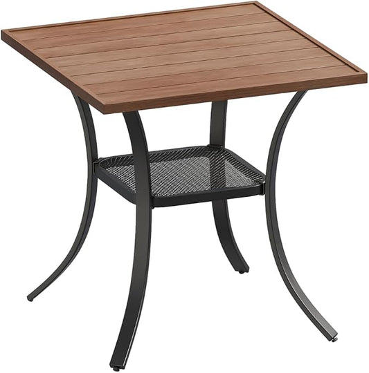DIFY 27.6" Small Square Outdoor Dining Table for 2, Slatted Metal Patio Table with Storage Shelf, All-Weather Patio Dining Table for Garden Backyard Deck, Walnut Tabletop