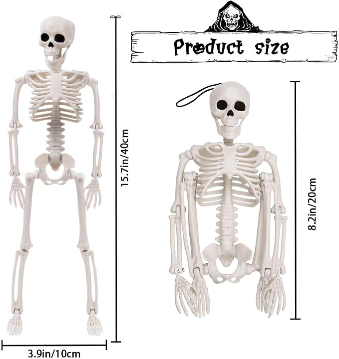 XIMISHOP 5pcs Halloween Skeleton Decoration, 16" Full Body Posable Hanging Skeleton with Movable Joints for Graveyard Haunted House Indoor Outdoor, White