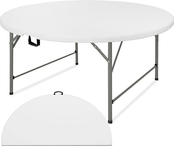6 FT Round Folding Tables with Carrying Handle 72 inch Heavy Duty Portable Plastic Commercial Table Steel Legs for Party, Dining, Wedding, Events, Picnic Indoor, Outdoor (White,1 Pack)