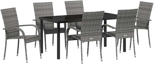 Afuera Living 7 Piece Poly Rattan Patio Dining Set, Black Powder-Coated Steel Frame, Weather-Resistant, Rectangular Table with Flat Armrest Chairs, Modern Outdoor Furniture for Garden, Balcony, or