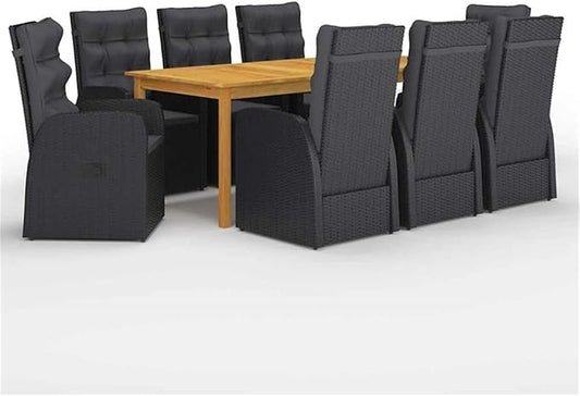 Afuera Living 9-Piece Patio Dining Set, Solid Acacia Wood Table and PE Rattan Chairs, Adjustable Armrests, Black Finish, Oiled Modern Outdoor Furniture, Comfortable Cushions, Garden Seating for 8
