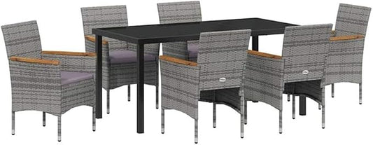 Afuera Living 7 Piece Patio Dining Set, Poly Rattan and Steel Construction, Gray Finish with Cushions, Tempered Glass Tabletop, Acacia Wood Armrests, Modern Outdoor Furniture for Gardens and Terraces