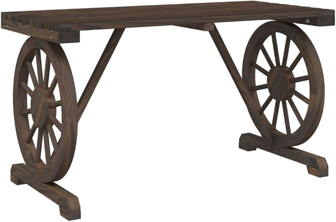 5-Piece Burnt Fir Wood Patio Dining Set with Wagon Wheel Design | Features 1 round table and 4 matching stools, providing rustic outdoor seating for backyard, garden, or porch.