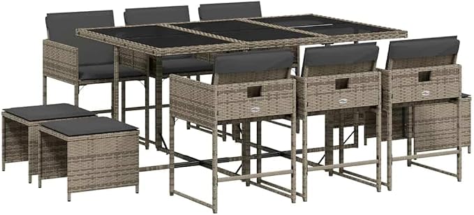 11 Piece Patio Dining Set with Cushions Gray Poly Rattan Outdoor Table and 6 Chairs with 4 Stools Folding Stackable Space Saving Comfortable Seating for Garden Backyard UV Proof Tempered Glass Top