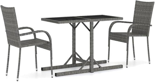 BOWERY HILL 3-Piece Outdoor Dining Set, Powder-Coated Steel, Gray Finish, Compact Design, Includes 1 Table and 2 Chairs, Durable PE Rattan, Lightweight Stackable Chairs, Ideal for Garden, Patio,