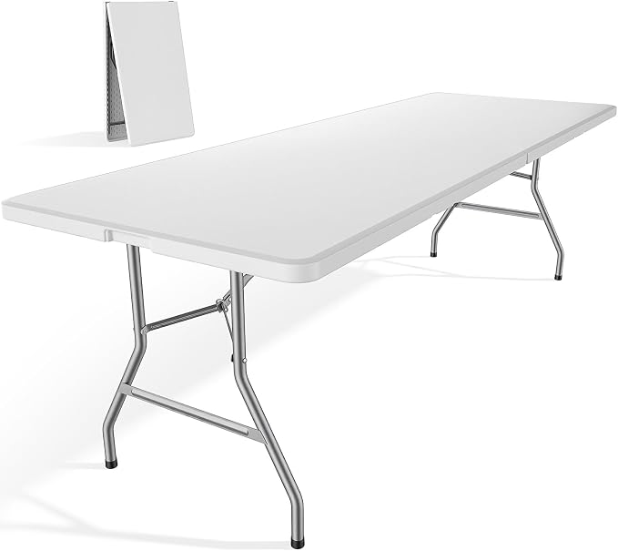 DUMOS 8 Feet Folding Picnic Table, Plastic Table with Carrying Handle, Heavy Duty Portable Table for Camping Party, White