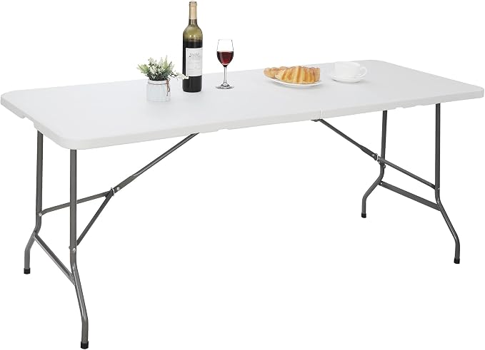 JupiterForce 6ft Plastic Folding Table Indoor Outdoor Portable Heavy Duty Foldable Camping Table, Fold-in-Half Utility Table Dining Picnic Table for Party Wedding Event, White