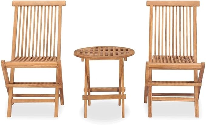 BOWERY HILL 3-Piece Teak Hardwood Outdoor Dining Set, Smooth Sanded Finish, Natural Brown, Round Table with 2 Foldable Chairs, Weather-Resistant, Compact Design for Patio or Garden Dining