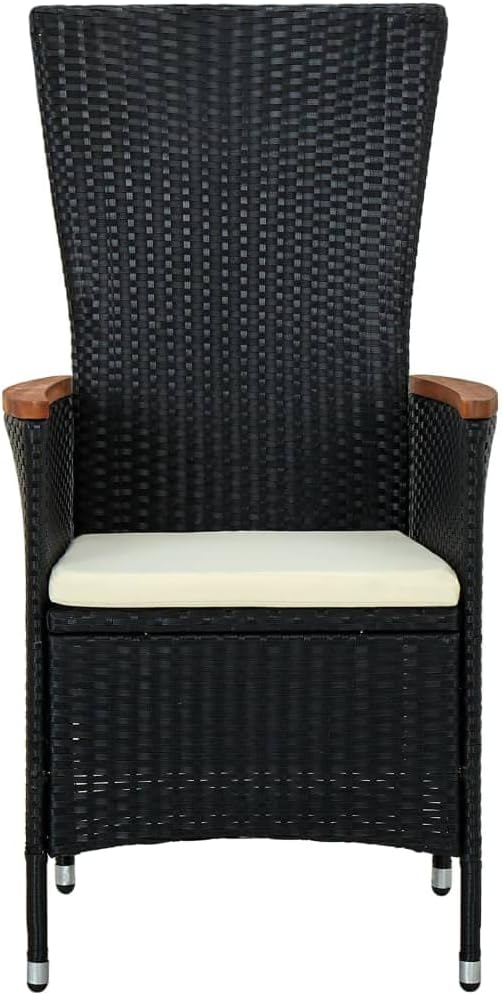 7 Piece Patio Dining Set, Outdoor Rattan Dining Table and Reclining Chairs with Cushions, Black PE Wicker Dining Furniture Set with Glass Top for Backyard, Garden