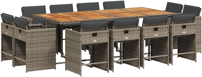 13 Piece Outdoor Patio Dining Set with Cushions Gray Poly Rattan Folding Chairs Acacia Wood Table for Backyard Garden