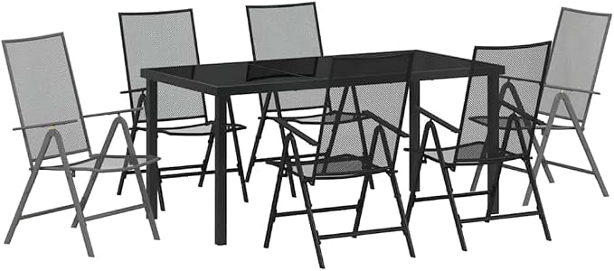 7 Piece Garden Dining Set, Anthracite Powder-Coated Steel Patio Furniture, Foldable Outdoor Table and 6 Chairs, Adjustable Height Dining Table for Backyard, Deck, and Lawn