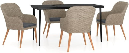 5-Piece Outdoor Dining Set, Brown PE Rattan Patio Furniture Set with 55-Inch Rectangular Table and 4 Cushioned Chairs for Backyard, Garden, and Terrace