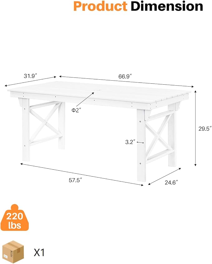 HDPE Outdoor Dining Table, 66.9” Rectangle Patio Dining Table for 6, All-Weather HDPE Outdoor Table with 2.2” Umbrella Hole, HDPE Patio Furniture for Deck, Backyard, Garden, Pool, Pearl