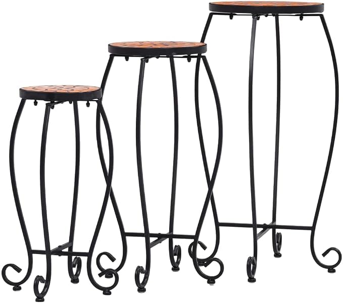 vidaXL Stylish Mosaic Tables Set of 3, Terracotta Ceramic Table Tops with Durable Iron Frame, Ideal for Garden, Balcony and Terrace Use