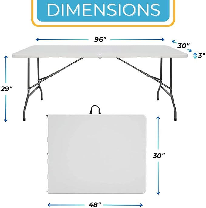 Ezone 8ft Indoor Outdoor Heavy Duty Portable Folding Plastic Dining Table w/Handle, Lock for Picnic, Party, Camping - White (8 Ft)
