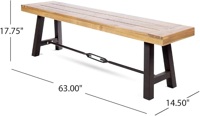 70'' Outdoor Patio Dining Table & 2 Bench for 4, Acacia Wood Farmhouse Dining Table Set Outdoor & Indoor Furniture for Patio Porch Garden, H-Shaped Metal Base, 3-Pcs, Teak
