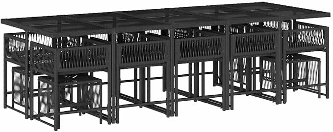 14-Seater PE Rattan Garden Dining Set with Black and Cream White Cushions, Large Rectangular Table and Stackable Chairs for Patio Backyard