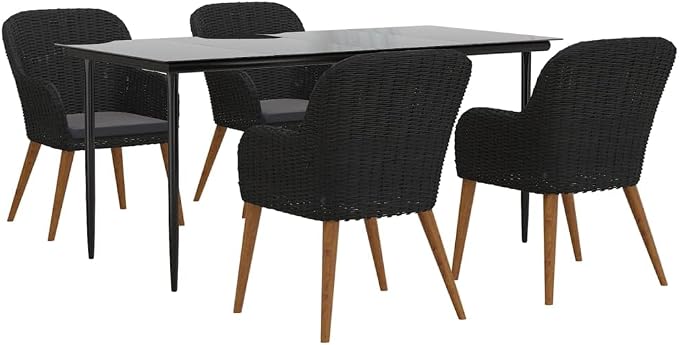 5 Piece Patio Dining Set with Cushions Black Acacia Wood and Steel Outdoor Table and Chairs for Garden Backyard Entertainment Tempered Glass Top