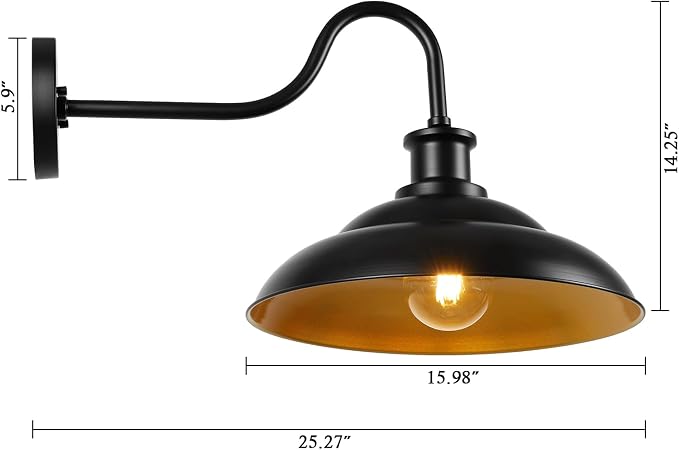 Outdoor Barn Light Fixture, Farmhouse 16 Inch Dome Large Black Exterior Wall Sconce, Industrial Wall Lantern for Porch, House, Garage, Patio, Front, 2 Pack