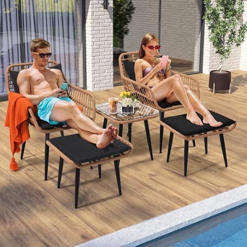 5-Piece Wicker Patio Furniture Set - 2 Chairs, 2 Ottomans & Side Table - Stylish, Durable Outdoor Seating for Porch, Balcony, Deck & Backyard - Natural Finish