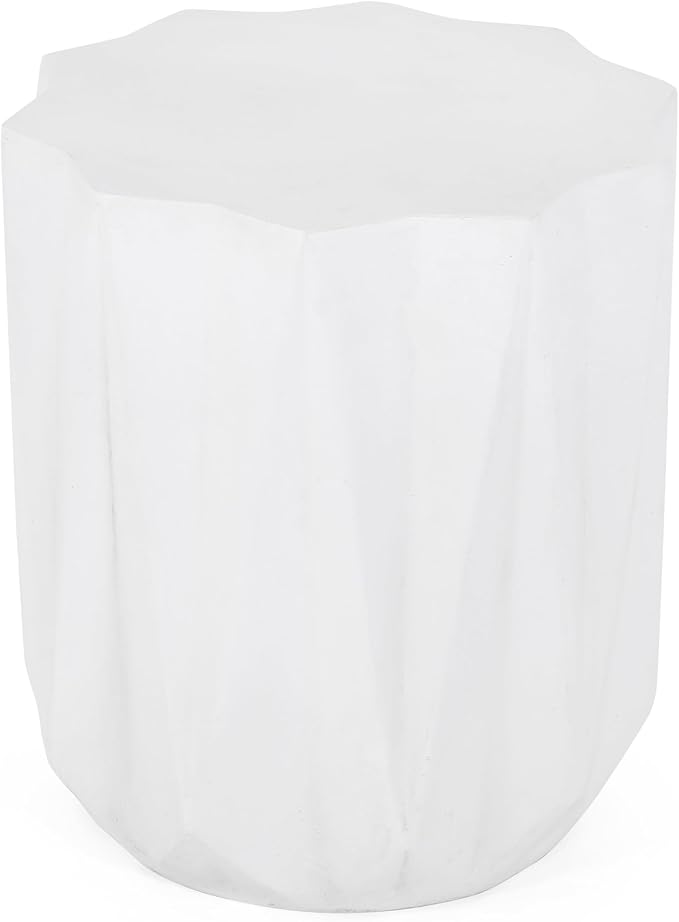 Outdoor Side Table Concrete End Tables Small Stone Bench Patio Garden Stool Plant Stand for Porch, Backyard Balcony,Weather Resistant, MgO,Drum,White
