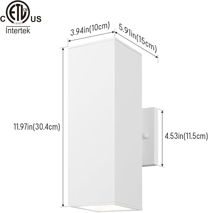 mirrea 12" Modern Outdoor Porch Light in 2 Lights, Matte White, 2 Pack | Patio wall sconce, aluminum rectangular tube, tempered glass, waterproof. Up & down lighting for outdoor wall mount fixture.