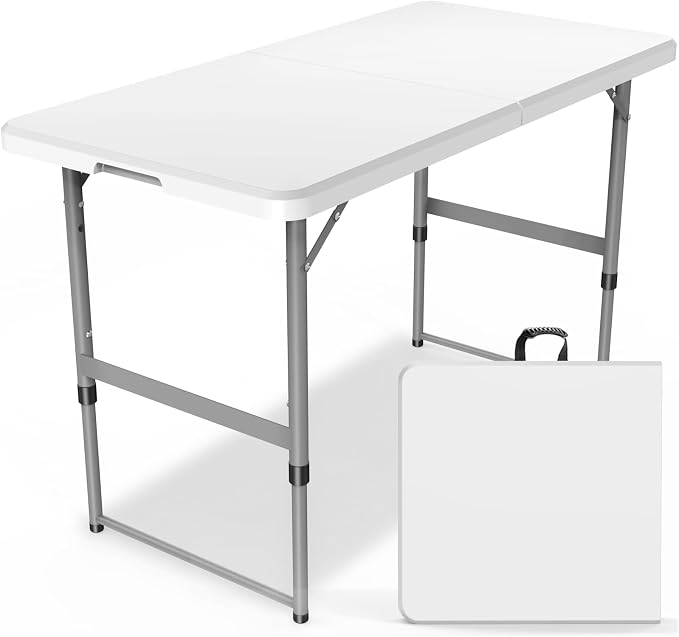 VTOY 4FT（24" x 48"） Folding Table, Indoor Outdoor Heavy Duty Table with Carrying Handle,Placstic Fold up Table for Picnic, Party, Camping，Office - White (4FT)