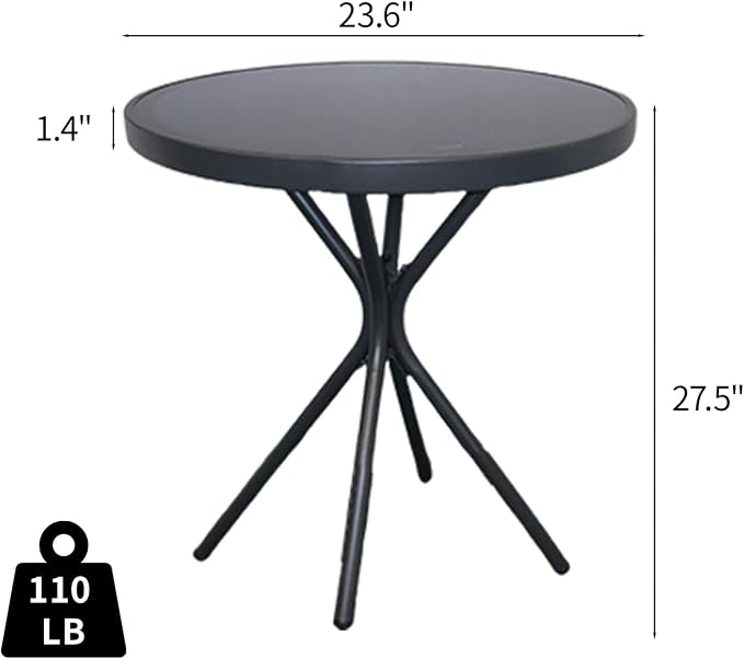 EortheX 23" Outdoor Round Coffee Side Table, Versatile Patio Metal Bistro, End, or Accent Table with Tempered Glass Top, Small Outdoor Furniture Solution for Patio or Home Use