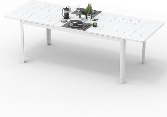 Domi Patio Dining Expandable Table, Metal Aluminum Outdoor Table for 6-8 Persons, Rectangular, Ivory White