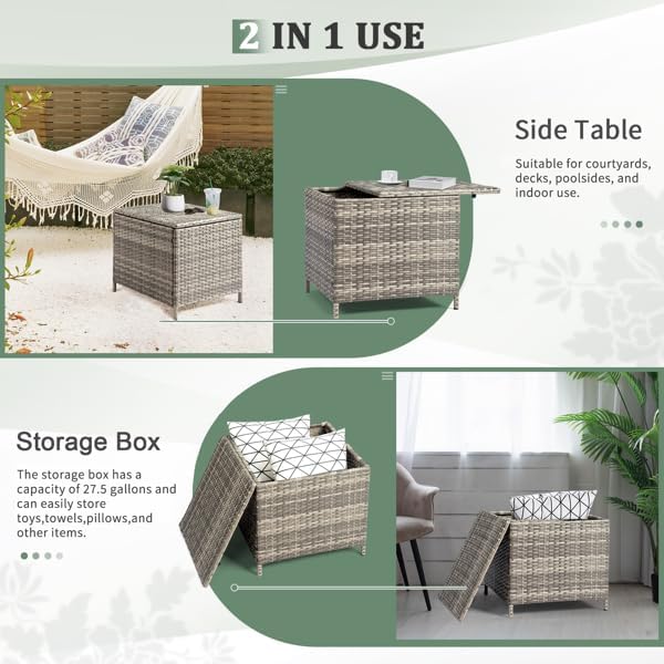 Outdoor PE Wicker Side Table with Storage, Patio Rattan End Table Square Container for Furniture Covers (Grey)