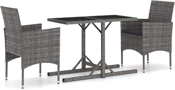 3 Piece Patio Dining Set Gray Outdoor Furniture Set with Glass Table and 2 Chairs with Cushions for Balcony Garden Backyard Porch Lawn Small Spaces